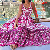 Summer Runway Red White Porcelain Floral Print Long Maxi